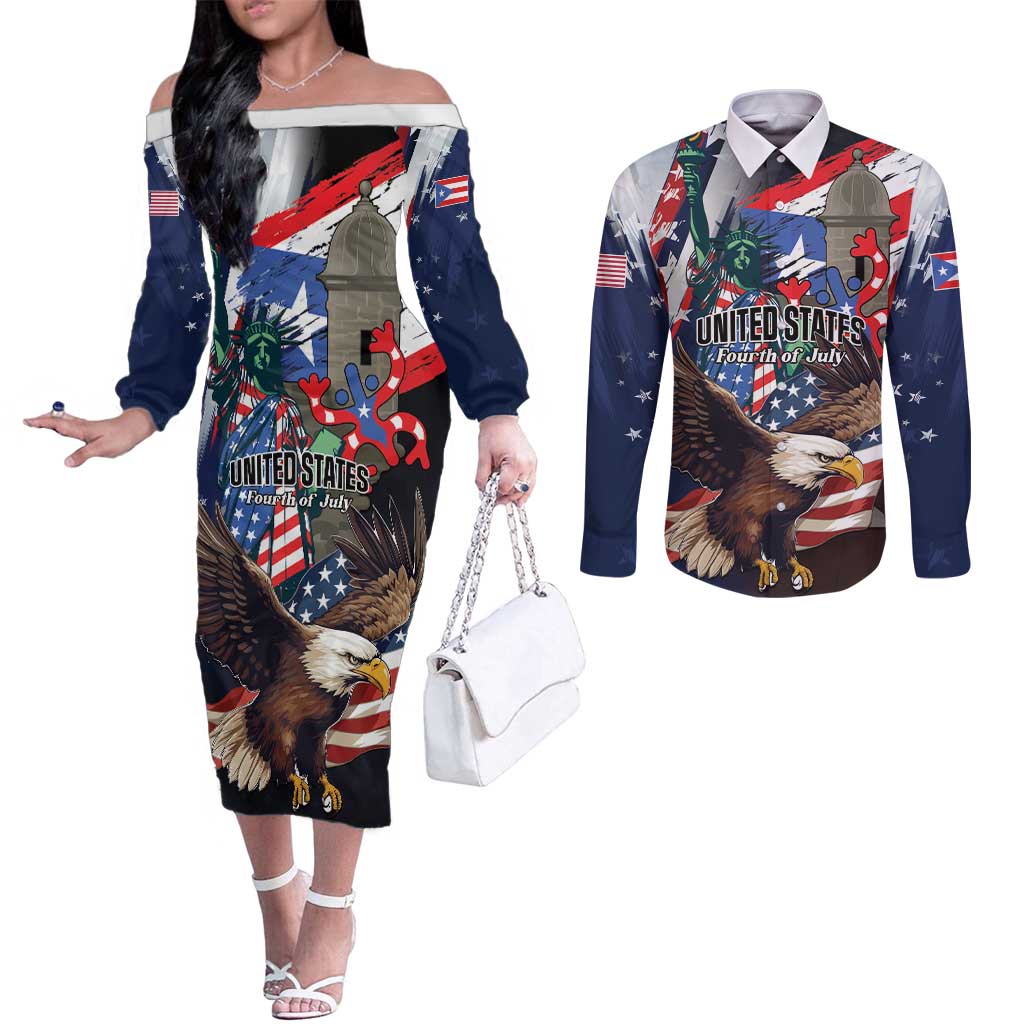 Personalized Puerto Rico 4th of July Couples Matching Off The Shoulder Long Sleeve Dress and Long Sleeve Button Shirt USA Statue of Liberty El Morro