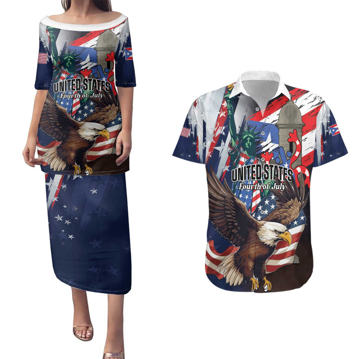 Personalized Puerto Rico 4th of July Couples Matching Puletasi and Hawaiian Shirt USA Statue of Liberty El Morro