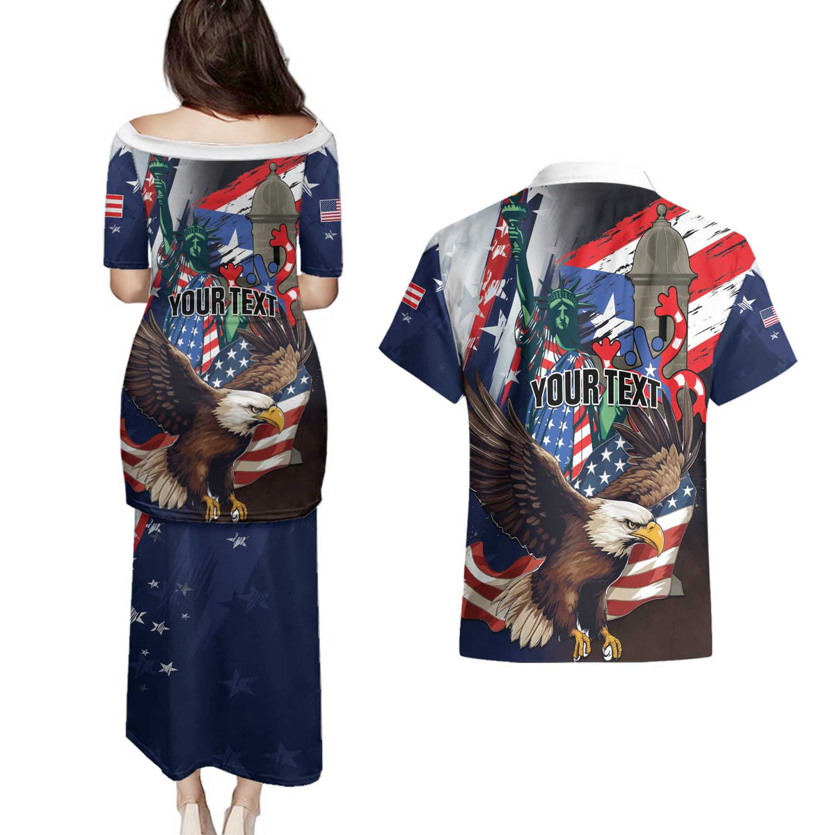 Personalized Puerto Rico 4th of July Couples Matching Puletasi and Hawaiian Shirt USA Statue of Liberty El Morro