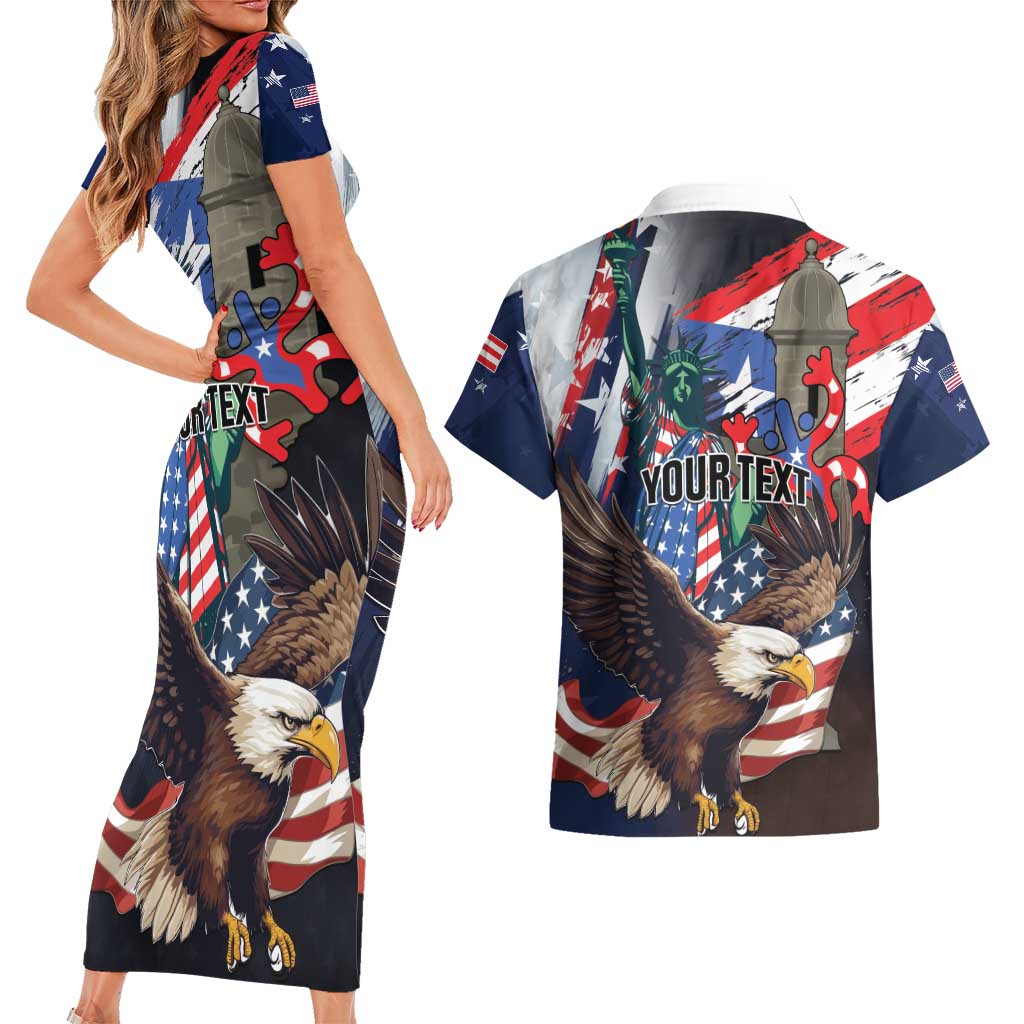 Personalized Puerto Rico 4th of July Couples Matching Short Sleeve Bodycon Dress and Hawaiian Shirt USA Statue of Liberty El Morro