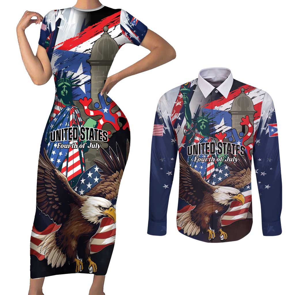 Personalized Puerto Rico 4th of July Couples Matching Short Sleeve Bodycon Dress and Long Sleeve Button Shirt USA Statue of Liberty El Morro
