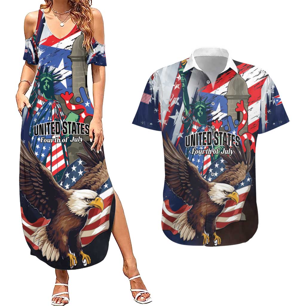 Personalized Puerto Rico 4th of July Couples Matching Summer Maxi Dress and Hawaiian Shirt USA Statue of Liberty El Morro