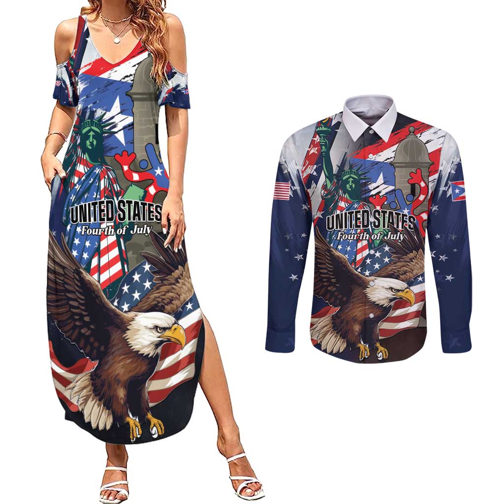 Personalized Puerto Rico 4th of July Couples Matching Summer Maxi Dress and Long Sleeve Button Shirt USA Statue of Liberty El Morro