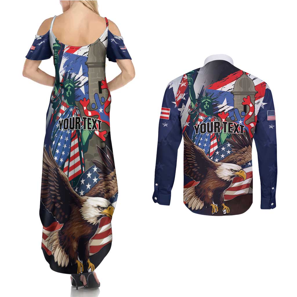 Personalized Puerto Rico 4th of July Couples Matching Summer Maxi Dress and Long Sleeve Button Shirt USA Statue of Liberty El Morro
