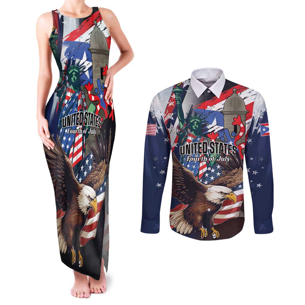 Personalized Puerto Rico 4th of July Couples Matching Tank Maxi Dress and Long Sleeve Button Shirt USA Statue of Liberty El Morro