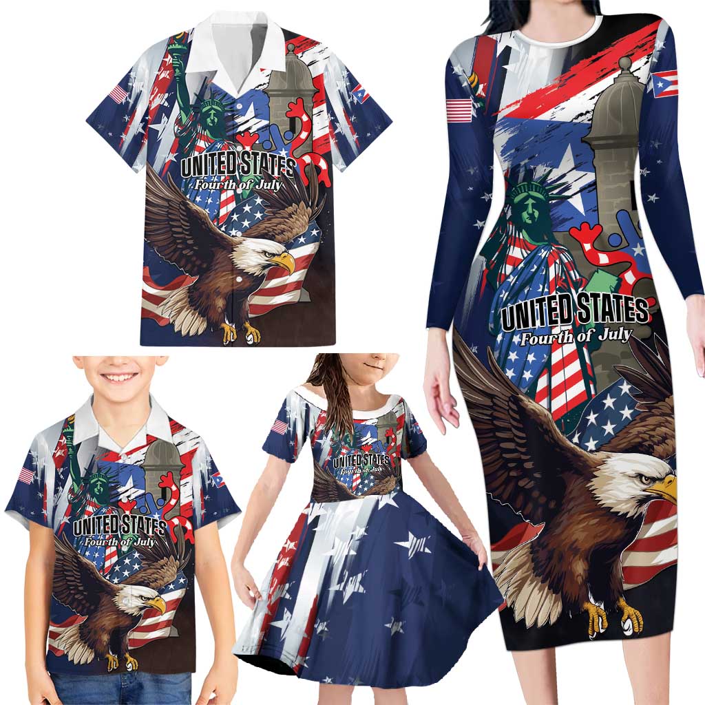 Personalized Puerto Rico 4th of July Family Matching Long Sleeve Bodycon Dress and Hawaiian Shirt USA Statue of Liberty El Morro