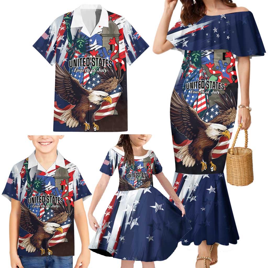 Personalized Puerto Rico 4th of July Family Matching Mermaid Dress and Hawaiian Shirt USA Statue of Liberty El Morro