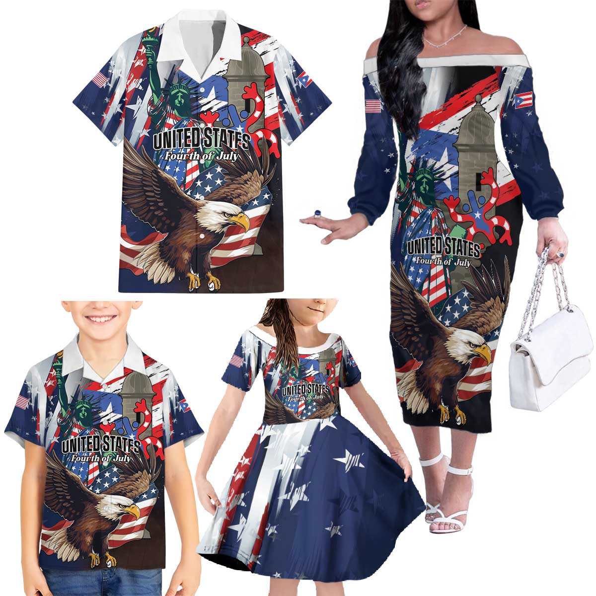 Personalized Puerto Rico 4th of July Family Matching Off The Shoulder Long Sleeve Dress and Hawaiian Shirt USA Statue of Liberty El Morro