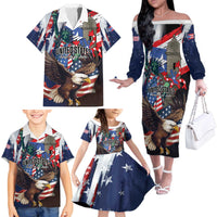 Personalized Puerto Rico 4th of July Family Matching Off The Shoulder Long Sleeve Dress and Hawaiian Shirt USA Statue of Liberty El Morro