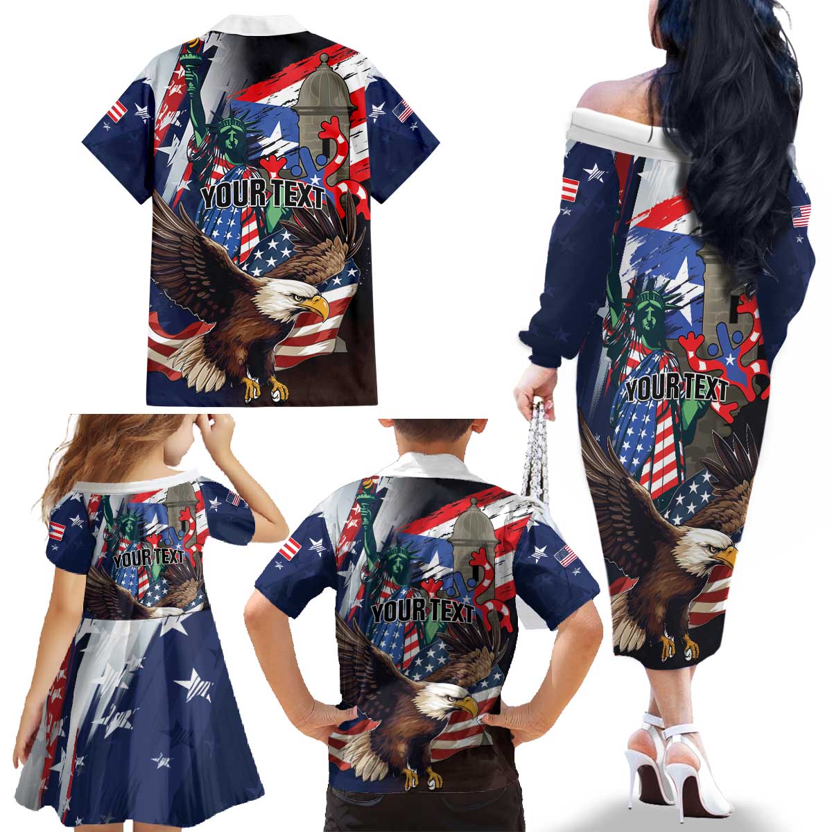 Personalized Puerto Rico 4th of July Family Matching Off The Shoulder Long Sleeve Dress and Hawaiian Shirt USA Statue of Liberty El Morro