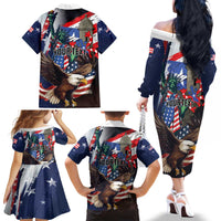 Personalized Puerto Rico 4th of July Family Matching Off The Shoulder Long Sleeve Dress and Hawaiian Shirt USA Statue of Liberty El Morro