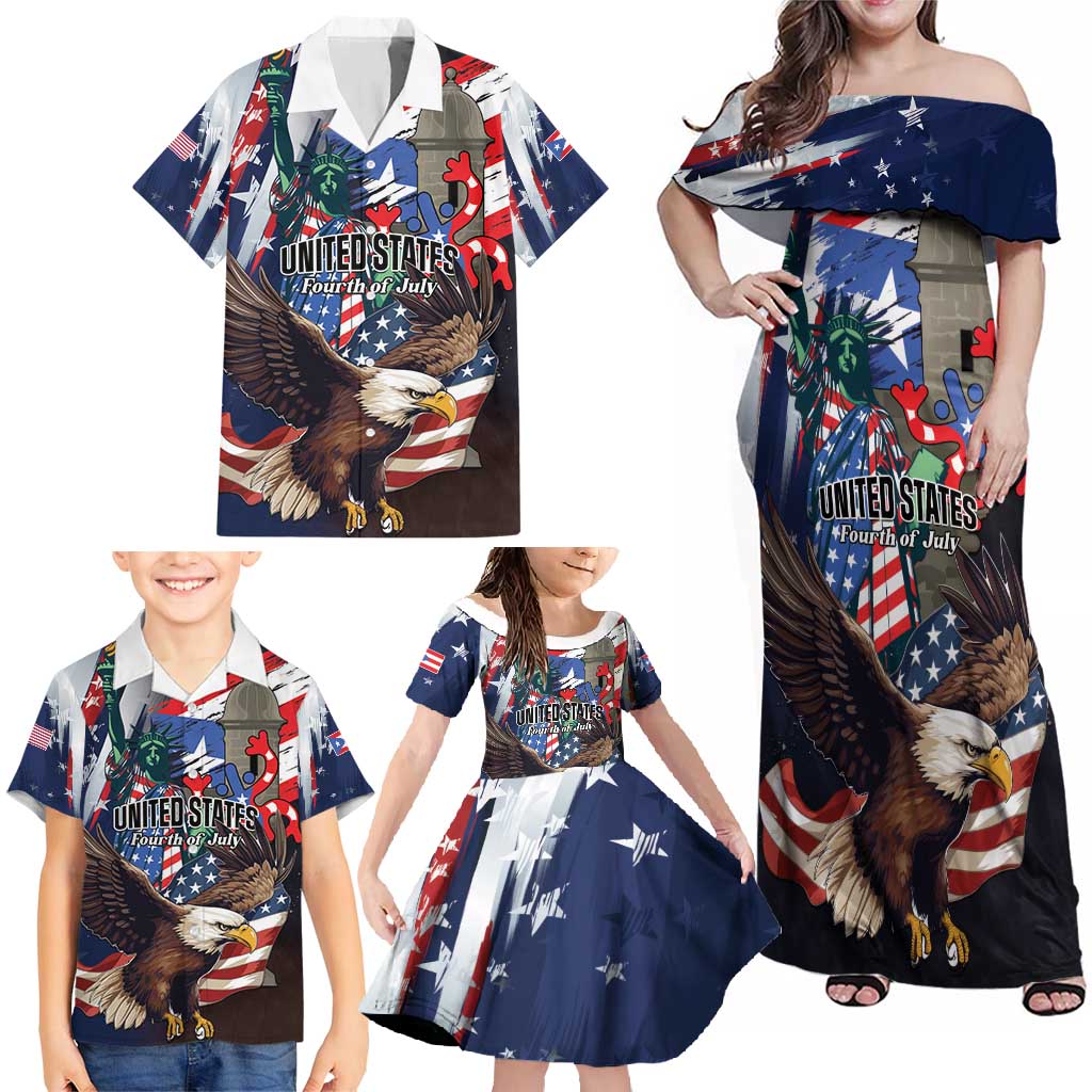 Personalized Puerto Rico 4th of July Family Matching Off Shoulder Maxi Dress and Hawaiian Shirt USA Statue of Liberty El Morro