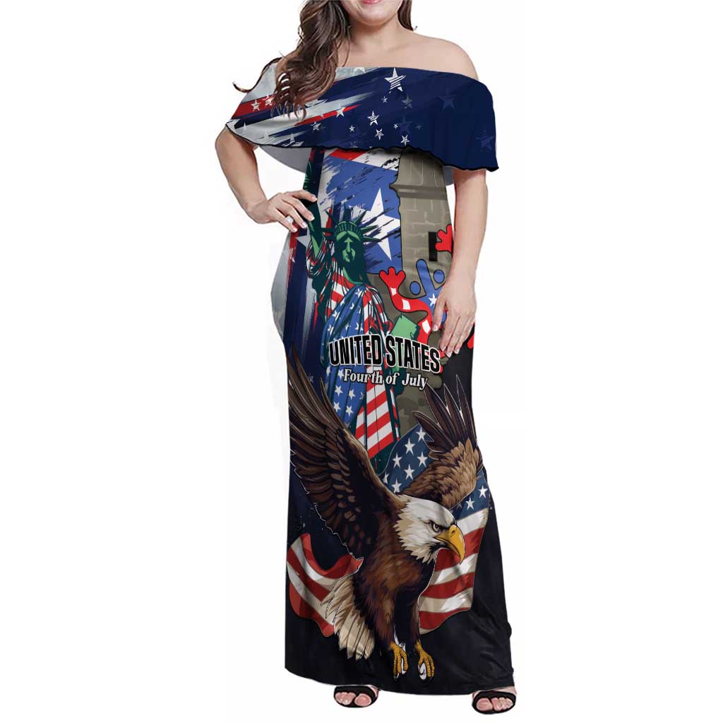 Personalized Puerto Rico 4th of July Family Matching Off Shoulder Maxi Dress and Hawaiian Shirt USA Statue of Liberty El Morro