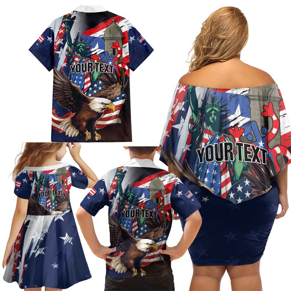 Personalized Puerto Rico 4th of July Family Matching Off Shoulder Short Dress and Hawaiian Shirt USA Statue of Liberty El Morro