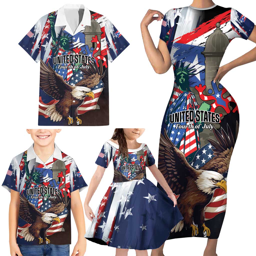 Personalized Puerto Rico 4th of July Family Matching Short Sleeve Bodycon Dress and Hawaiian Shirt USA Statue of Liberty El Morro