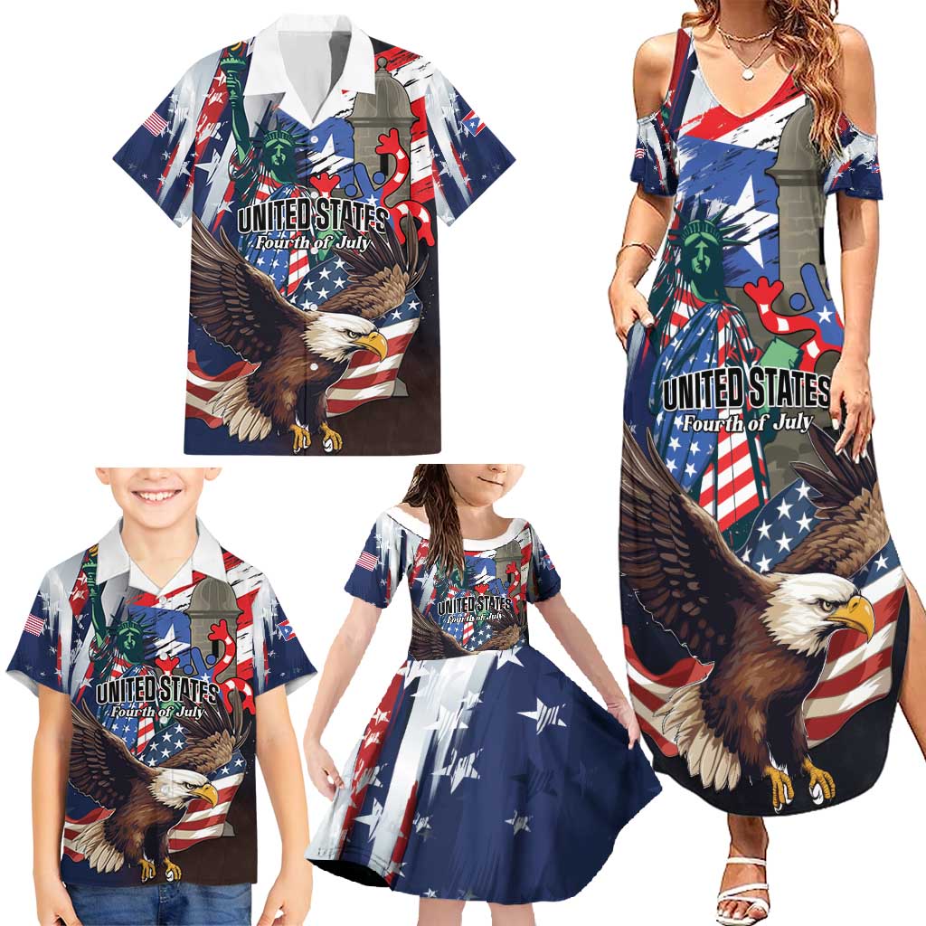 Personalized Puerto Rico 4th of July Family Matching Summer Maxi Dress and Hawaiian Shirt USA Statue of Liberty El Morro