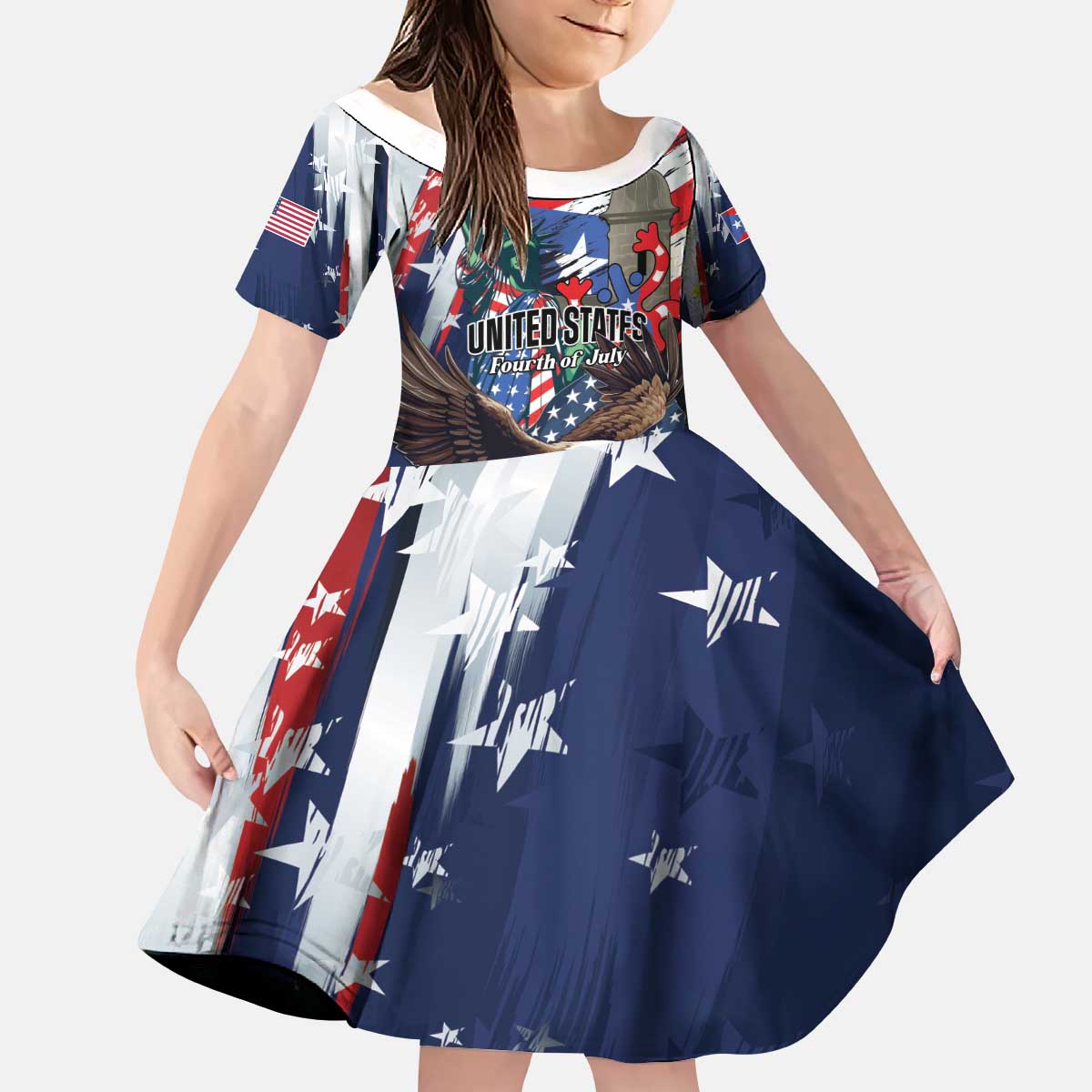Personalized Puerto Rico 4th of July Kid Short Sleeve Dress USA Statue of Liberty El Morro