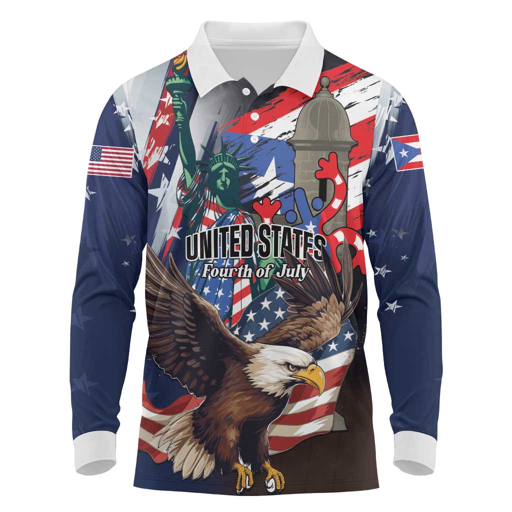 Personalized Puerto Rico 4th of July Long Sleeve Polo Shirt USA Statue of Liberty El Morro