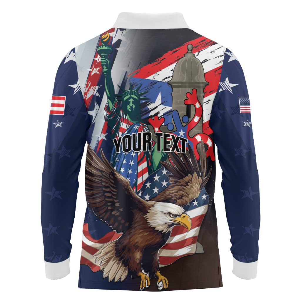 Personalized Puerto Rico 4th of July Long Sleeve Polo Shirt USA Statue of Liberty El Morro