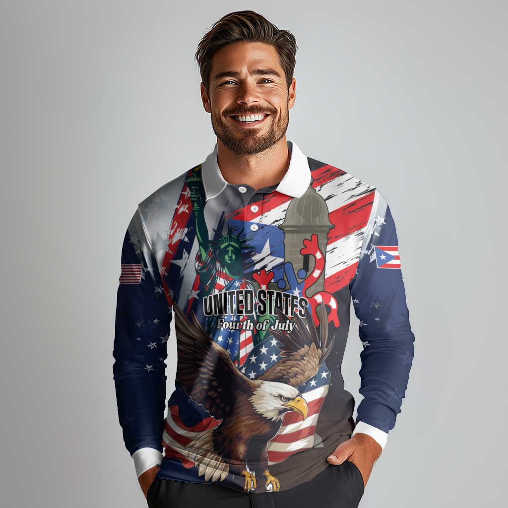 Personalized Puerto Rico 4th of July Long Sleeve Polo Shirt USA Statue of Liberty El Morro
