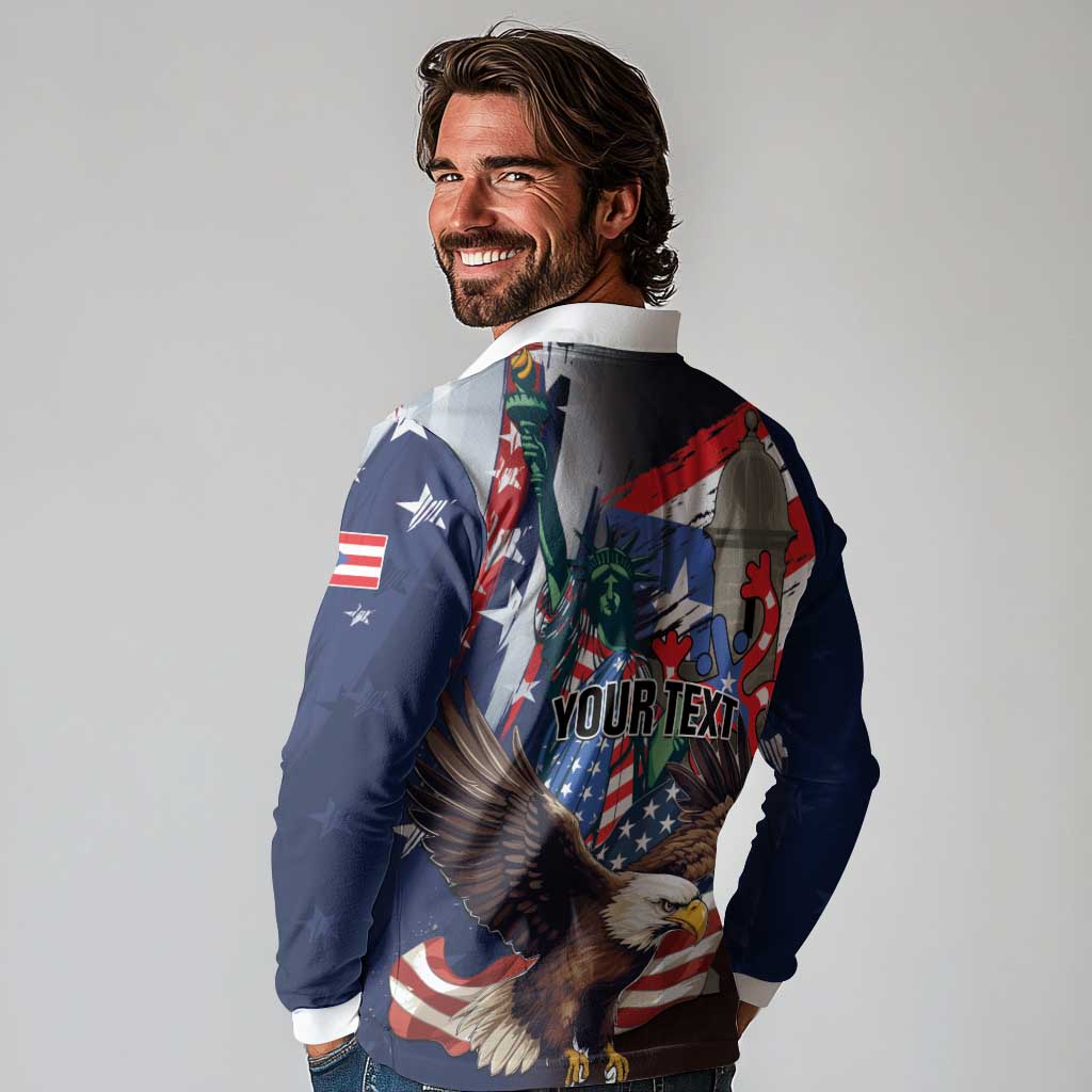 Personalized Puerto Rico 4th of July Long Sleeve Polo Shirt USA Statue of Liberty El Morro