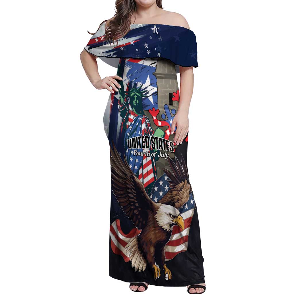 Personalized Puerto Rico 4th of July Off Shoulder Maxi Dress USA Statue of Liberty El Morro