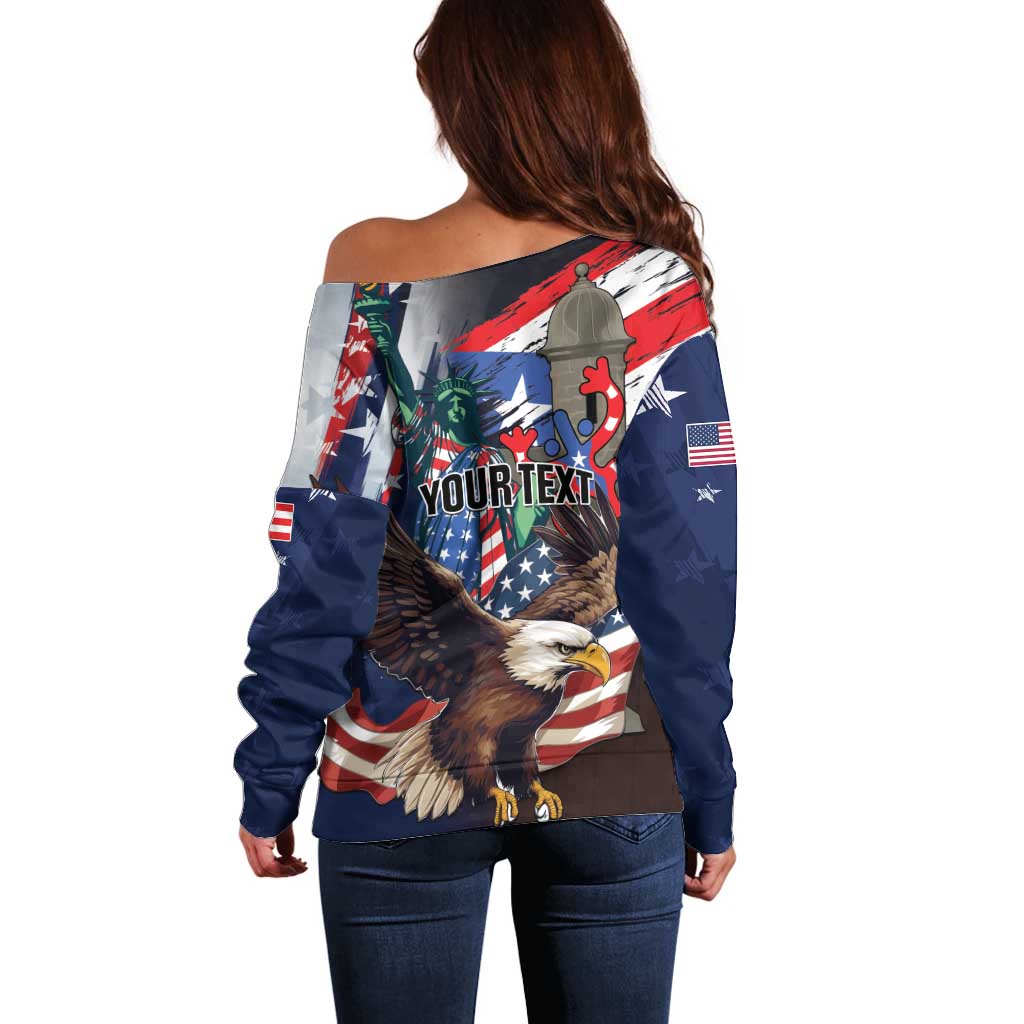 Personalized Puerto Rico 4th of July Off Shoulder Sweater USA Statue of Liberty El Morro