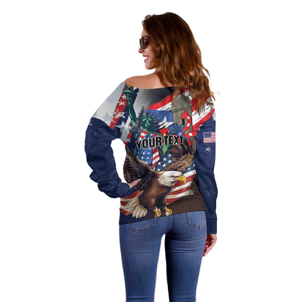 Personalized Puerto Rico 4th of July Off Shoulder Sweater USA Statue of Liberty El Morro