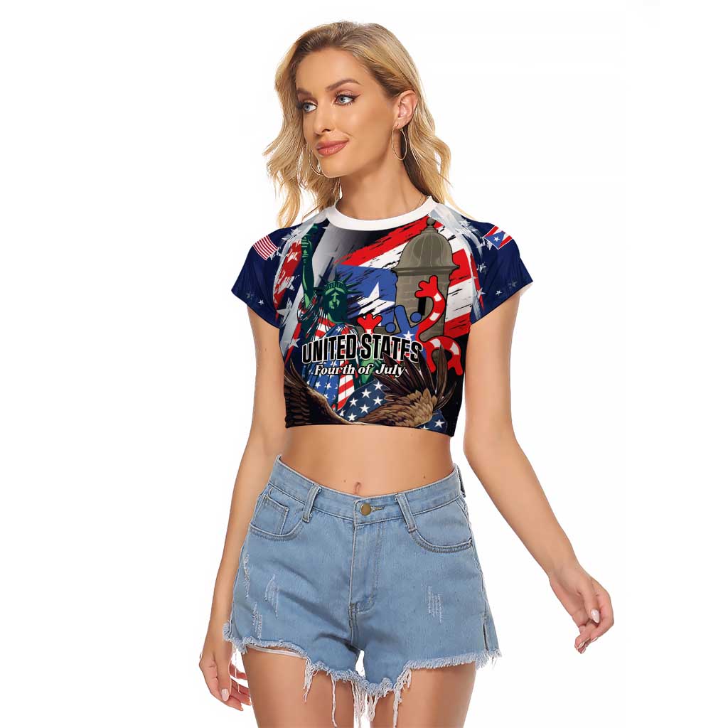 Personalized Puerto Rico 4th of July Raglan Cropped T Shirt USA Statue of Liberty El Morro