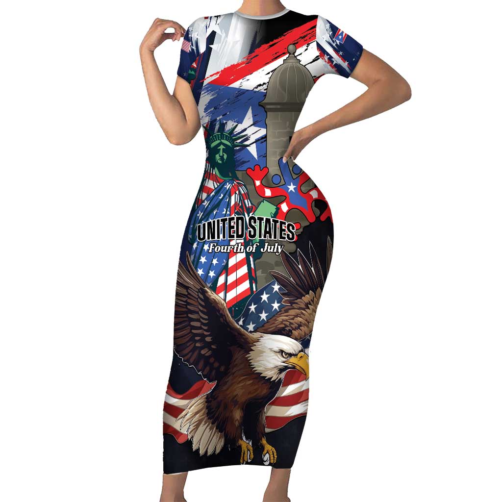 Personalized Puerto Rico 4th of July Short Sleeve Bodycon Dress USA Statue of Liberty El Morro