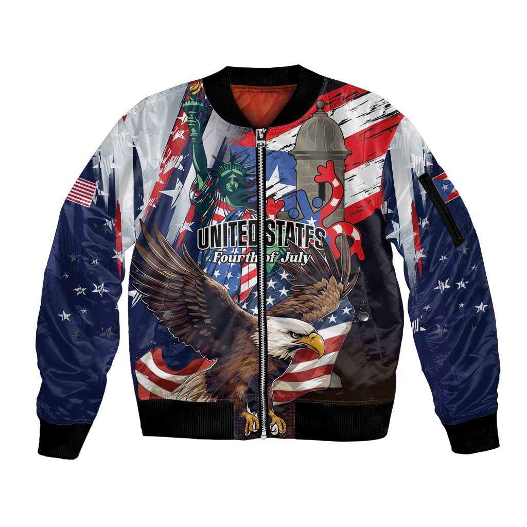 Personalized Puerto Rico 4th of July Sleeve Zip Bomber Jacket USA Statue of Liberty El Morro