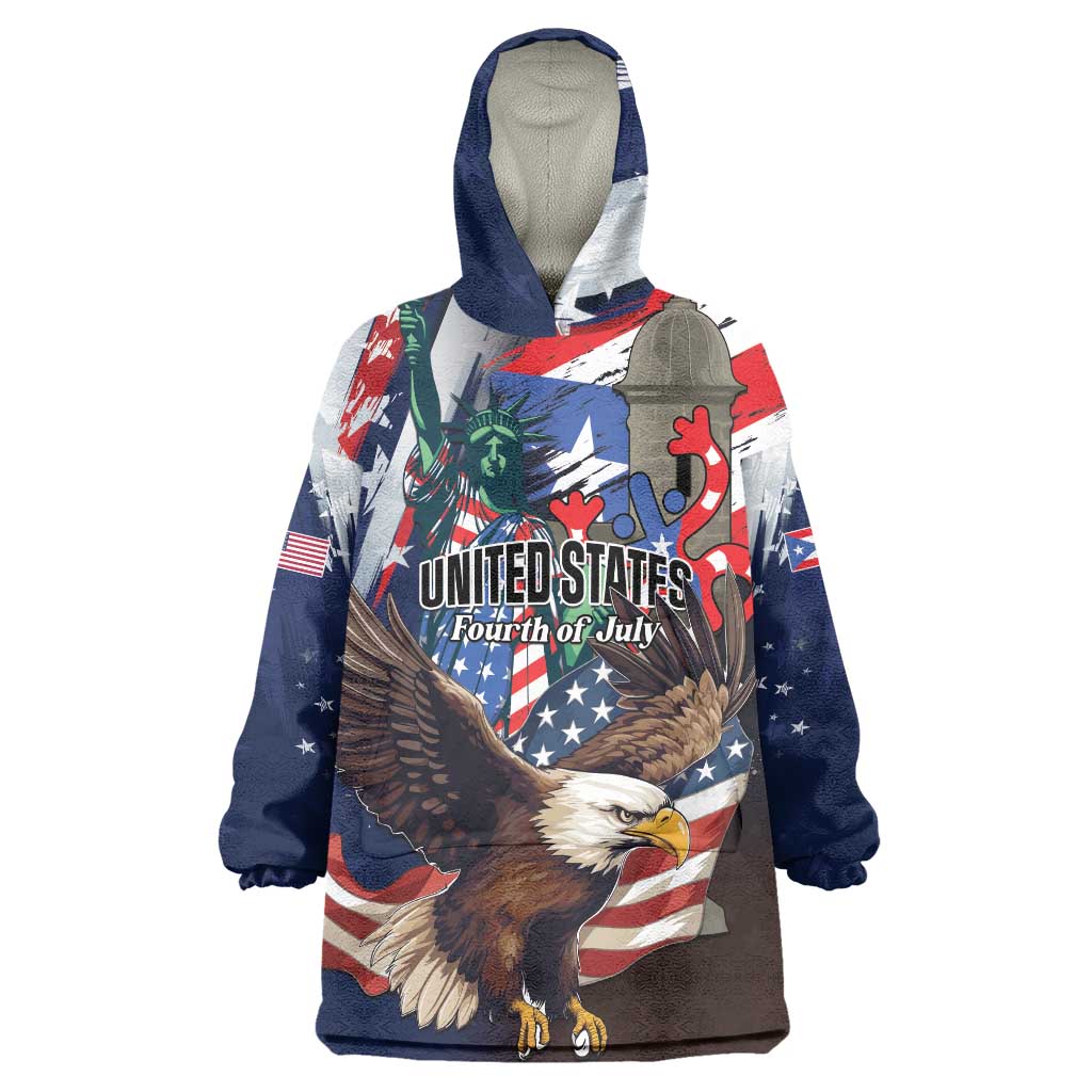 Personalized Puerto Rico 4th of July Wearable Blanket Hoodie USA Statue of Liberty El Morro