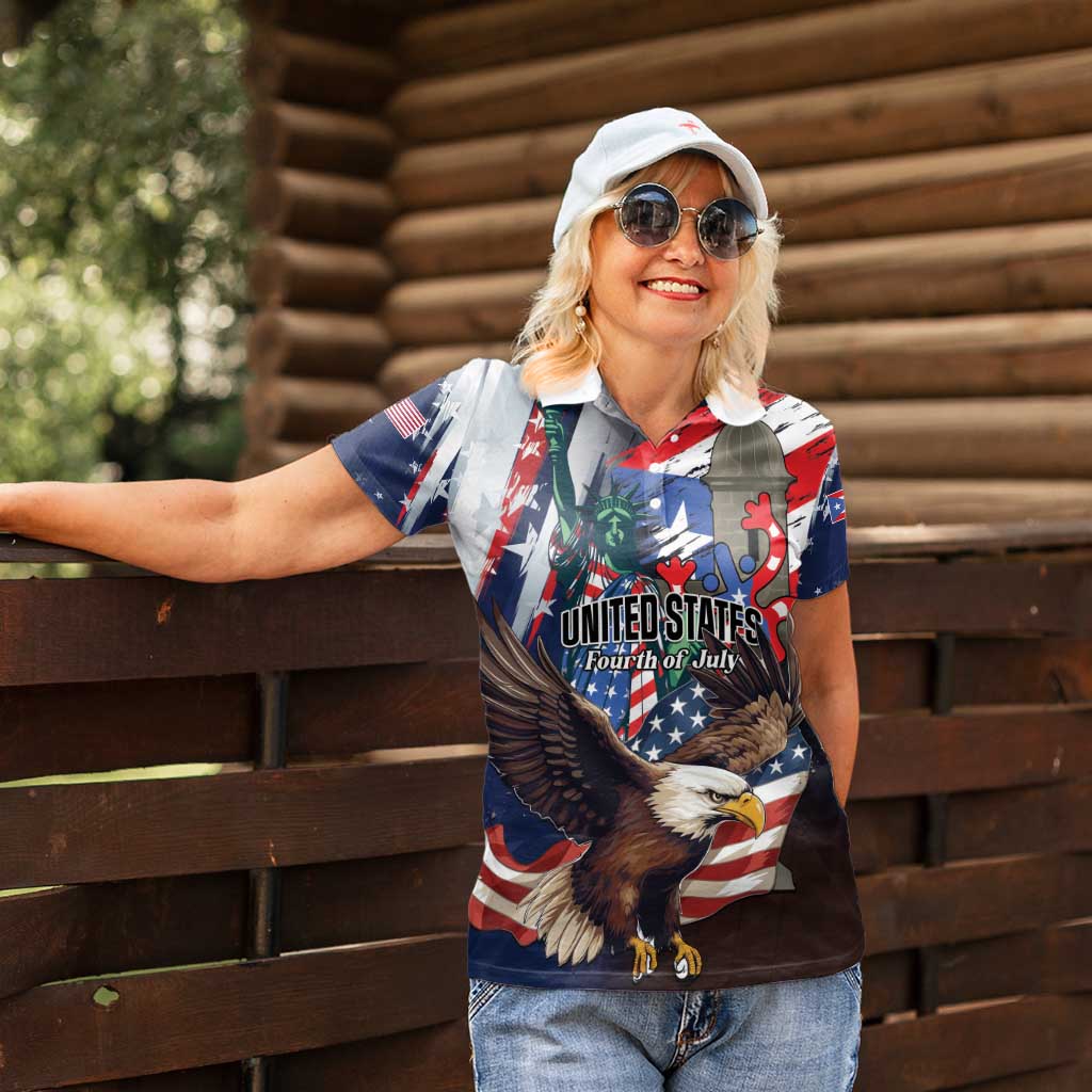 Personalized Puerto Rico 4th of July Women Polo Shirt USA Statue of Liberty El Morro