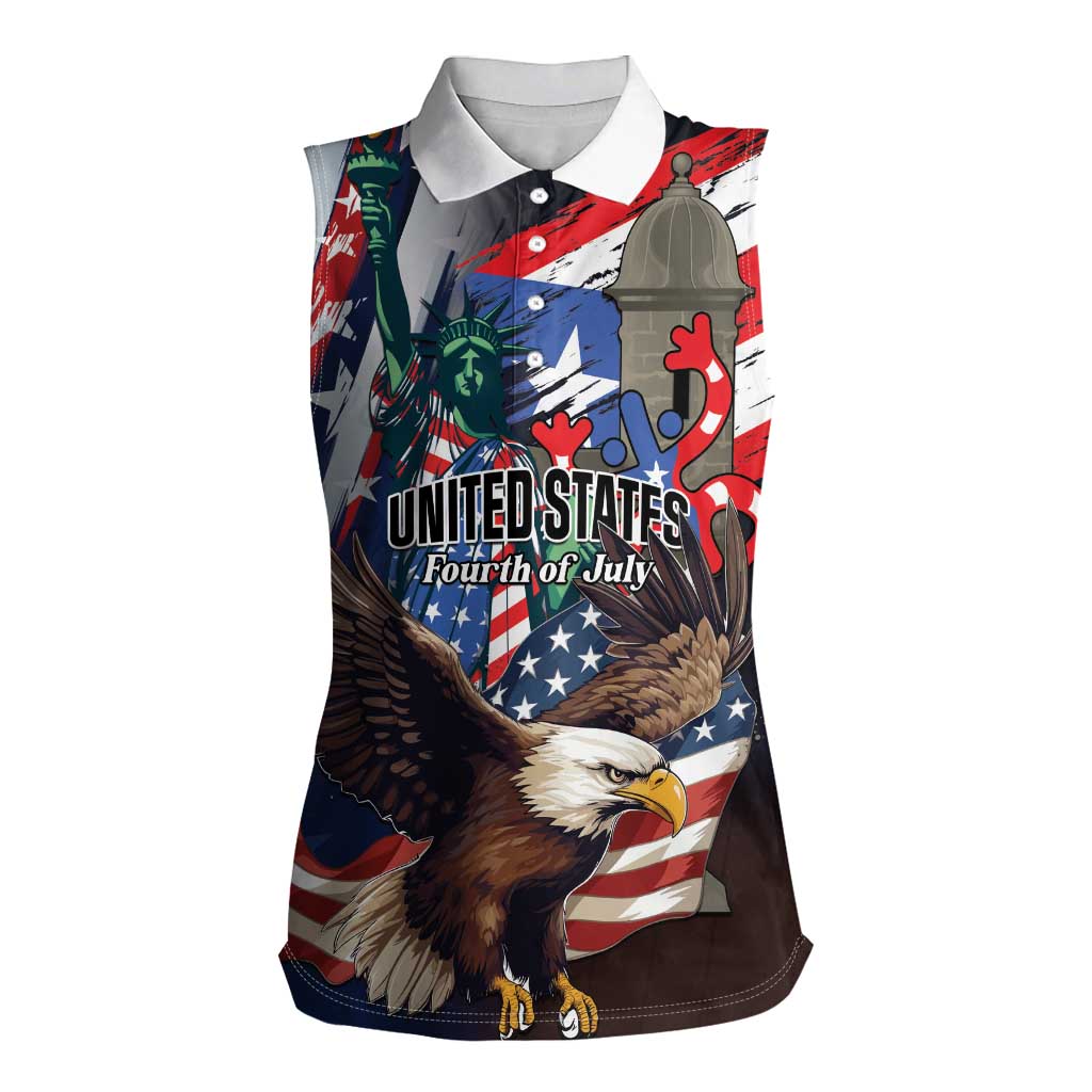 Personalized Puerto Rico 4th of July Women Sleeveless Polo Shirt USA Statue of Liberty El Morro