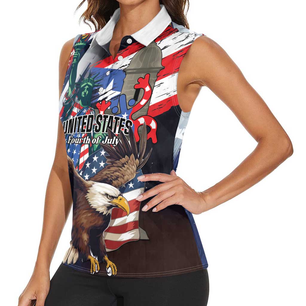 Personalized Puerto Rico 4th of July Women Sleeveless Polo Shirt USA Statue of Liberty El Morro
