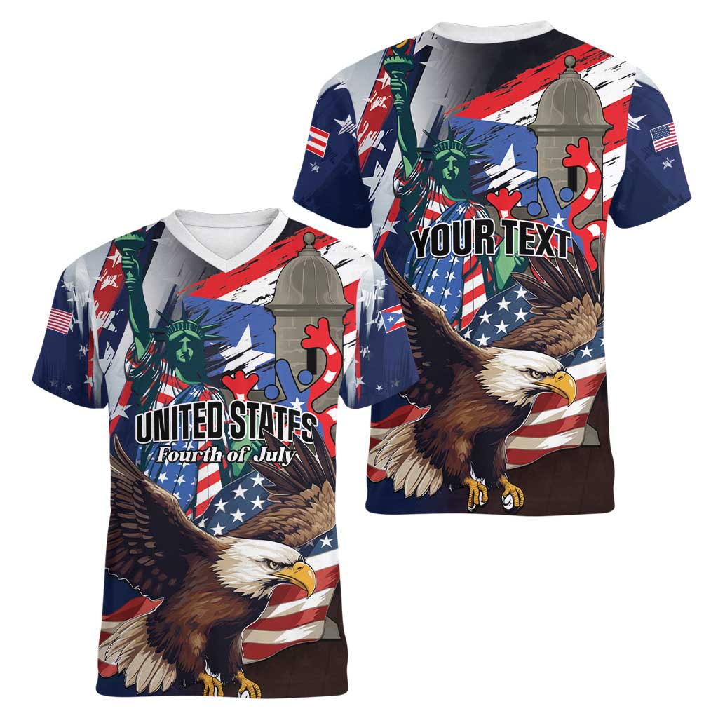 Personalized Puerto Rico 4th of July Women V-Neck T-Shirt USA Statue of Liberty El Morro