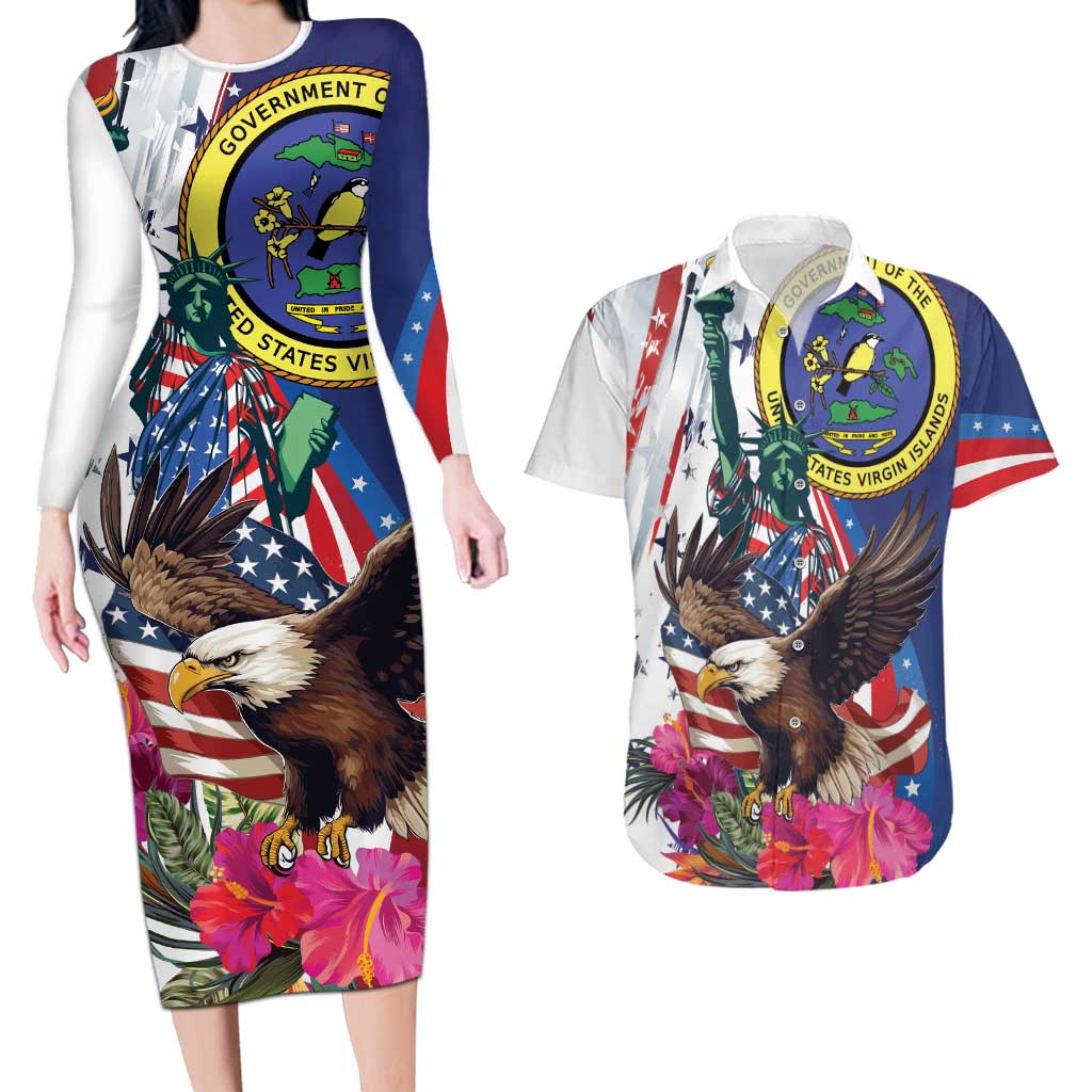 Personalized US Virgin Islands 4th of July Couples Matching Long Sleeve Bodycon Dress and Hawaiian Shirt US Eagle Statue of Liberty