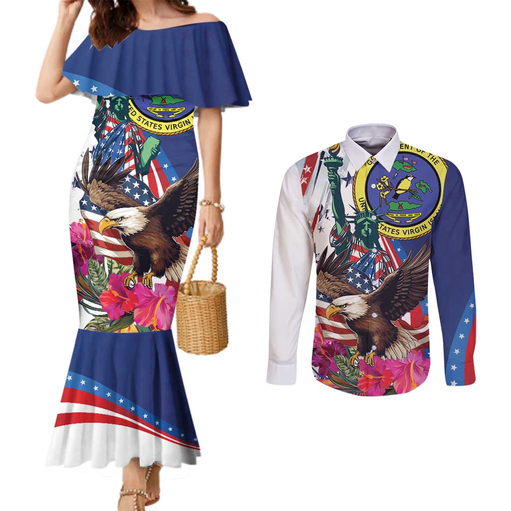 Personalized US Virgin Islands 4th of July Couples Matching Mermaid Dress and Long Sleeve Button Shirt US Eagle Statue of Liberty