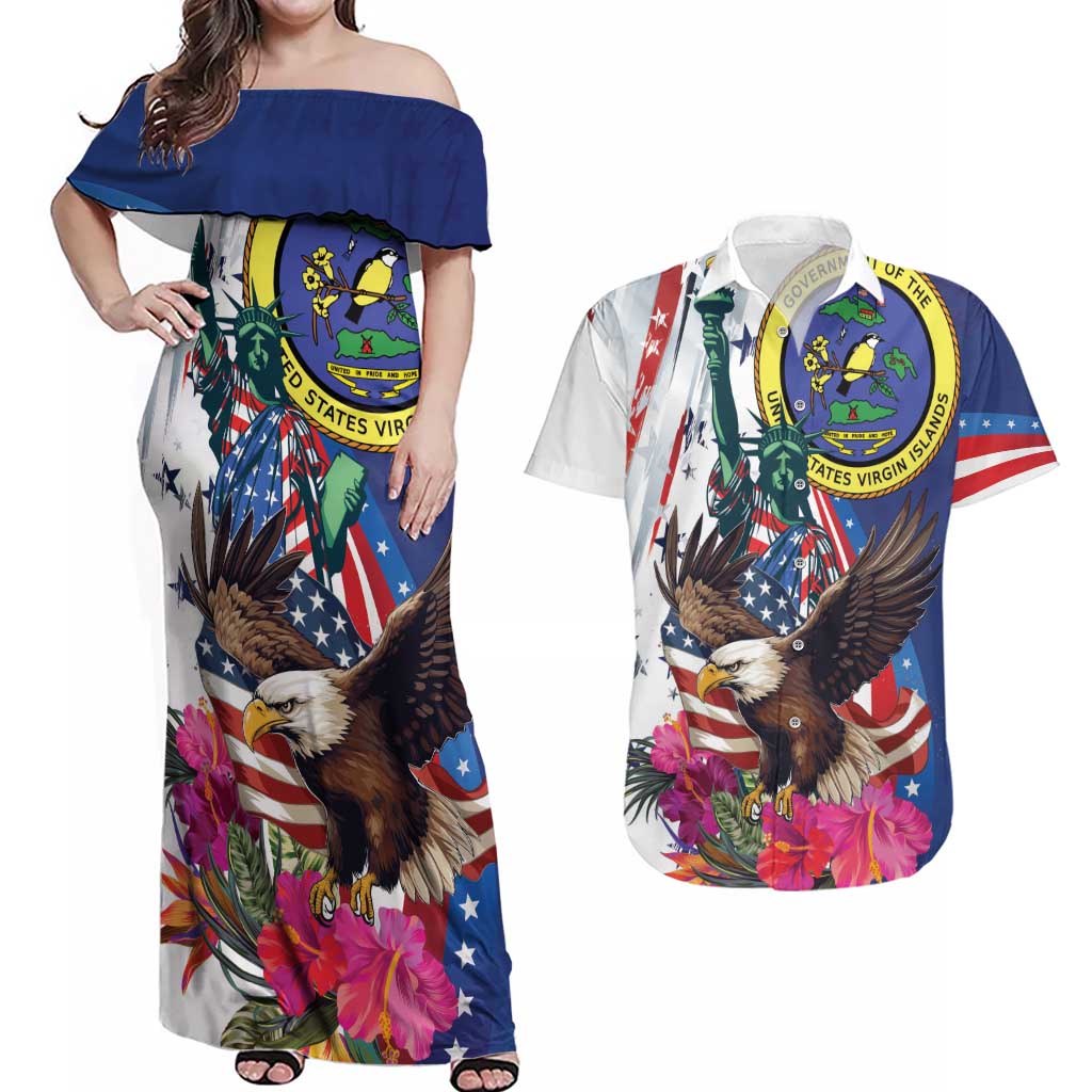 Personalized US Virgin Islands 4th of July Couples Matching Off Shoulder Maxi Dress and Hawaiian Shirt US Eagle Statue of Liberty