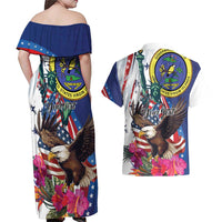 Personalized US Virgin Islands 4th of July Couples Matching Off Shoulder Maxi Dress and Hawaiian Shirt US Eagle Statue of Liberty