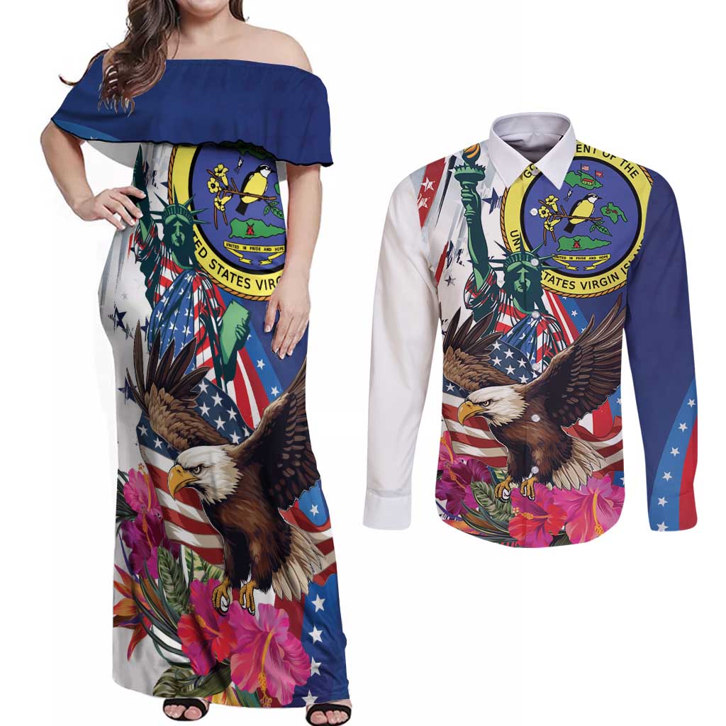 Personalized US Virgin Islands 4th of July Couples Matching Off Shoulder Maxi Dress and Long Sleeve Button Shirt US Eagle Statue of Liberty