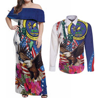 Personalized US Virgin Islands 4th of July Couples Matching Off Shoulder Maxi Dress and Long Sleeve Button Shirt US Eagle Statue of Liberty