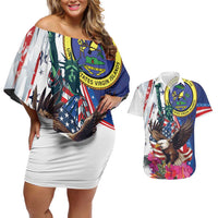 Personalized US Virgin Islands 4th of July Couples Matching Off Shoulder Short Dress and Hawaiian Shirt US Eagle Statue of Liberty
