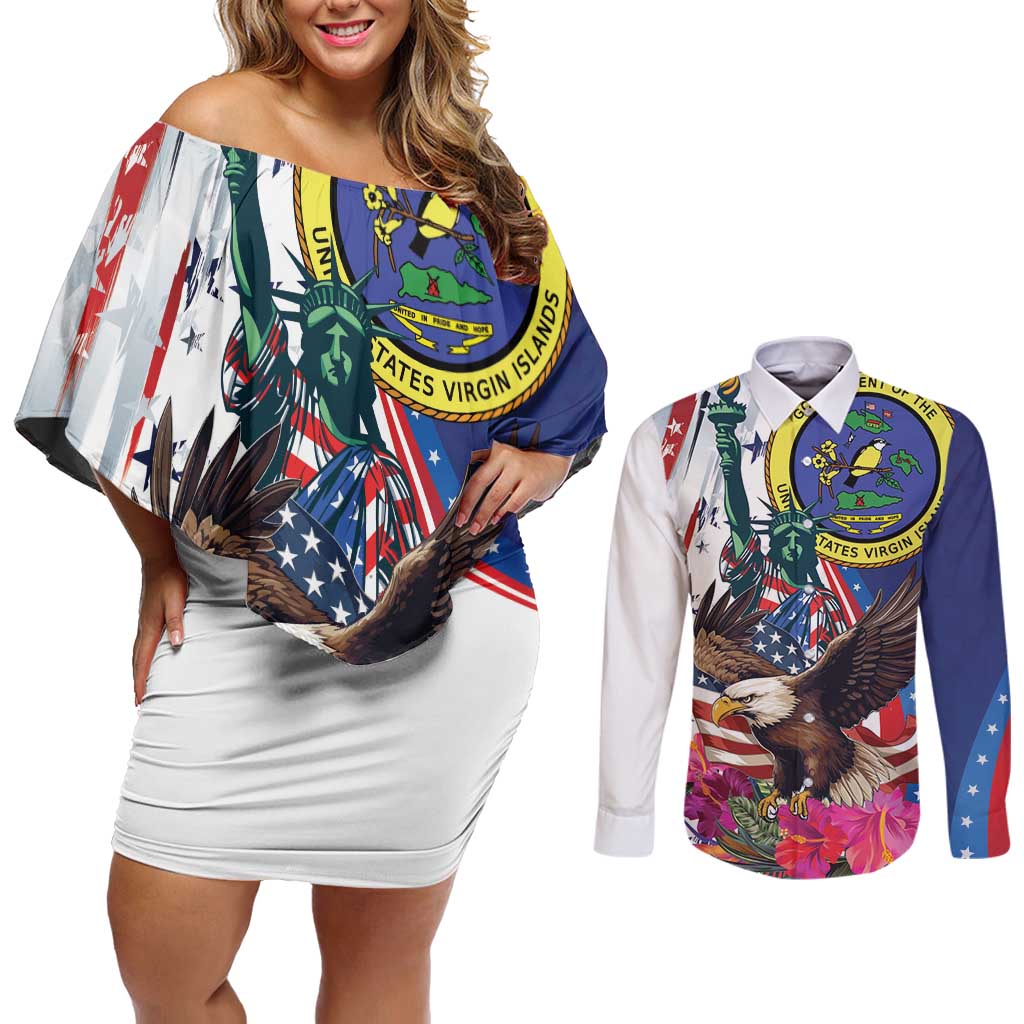 Personalized US Virgin Islands 4th of July Couples Matching Off Shoulder Short Dress and Long Sleeve Button Shirt US Eagle Statue of Liberty