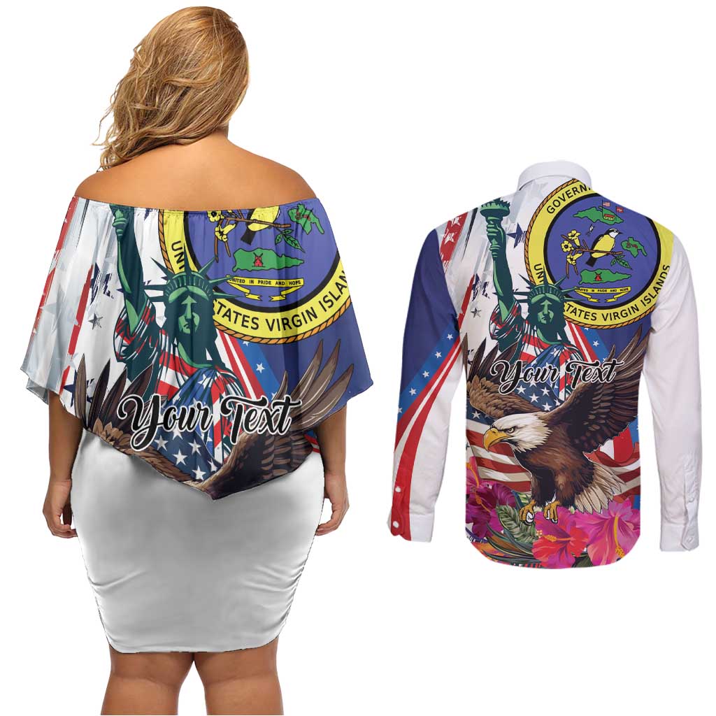 Personalized US Virgin Islands 4th of July Couples Matching Off Shoulder Short Dress and Long Sleeve Button Shirt US Eagle Statue of Liberty