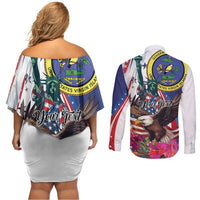 Personalized US Virgin Islands 4th of July Couples Matching Off Shoulder Short Dress and Long Sleeve Button Shirt US Eagle Statue of Liberty