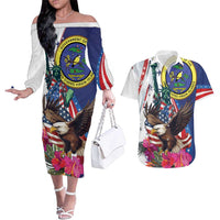 Personalized US Virgin Islands 4th of July Couples Matching Off The Shoulder Long Sleeve Dress and Hawaiian Shirt US Eagle Statue of Liberty