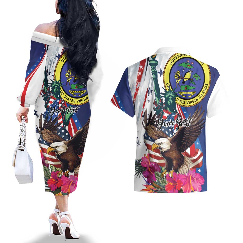 Personalized US Virgin Islands 4th of July Couples Matching Off The Shoulder Long Sleeve Dress and Hawaiian Shirt US Eagle Statue of Liberty