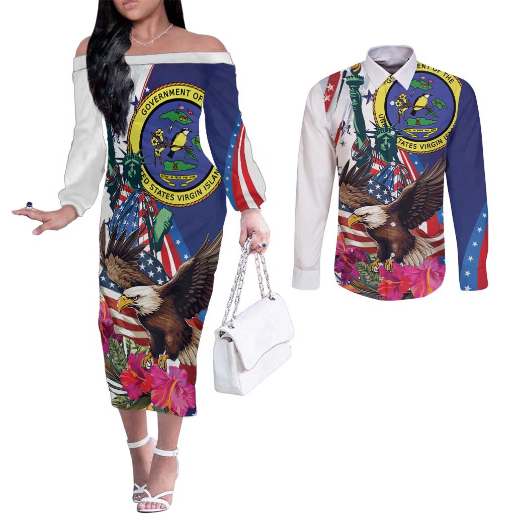 Personalized US Virgin Islands 4th of July Couples Matching Off The Shoulder Long Sleeve Dress and Long Sleeve Button Shirt US Eagle Statue of Liberty