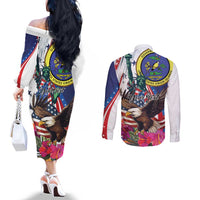 Personalized US Virgin Islands 4th of July Couples Matching Off The Shoulder Long Sleeve Dress and Long Sleeve Button Shirt US Eagle Statue of Liberty
